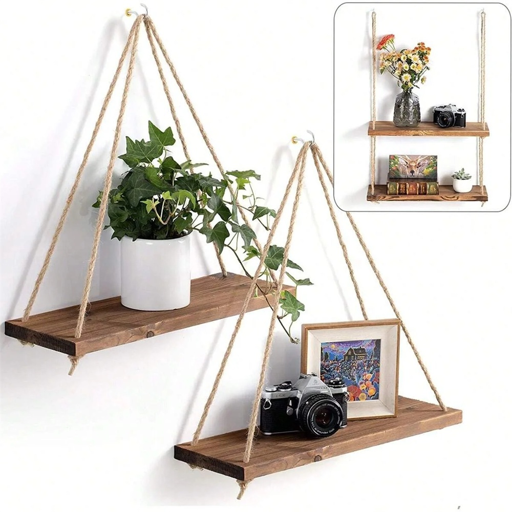 Smart Home Decor - Prateleira Suspensa de Madeira com Corda